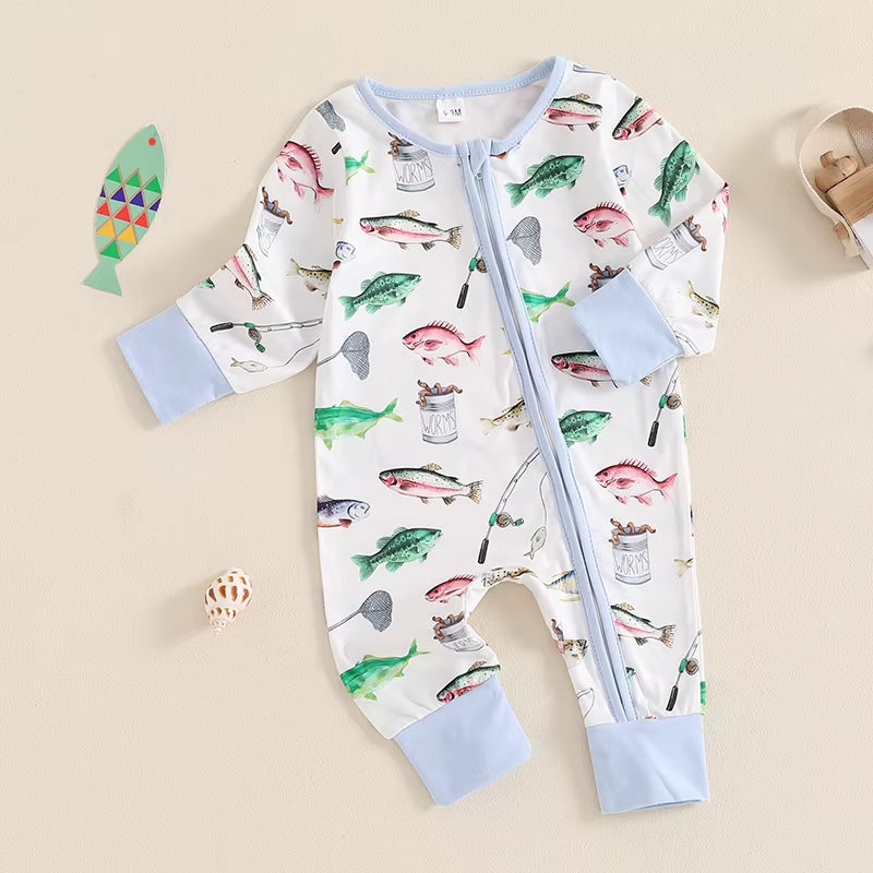 2024-05-31  Baby Boys Autumn Casual Romper Long Sleeve Crew Neck Fish Print Oblique Zipper Jumpsuit