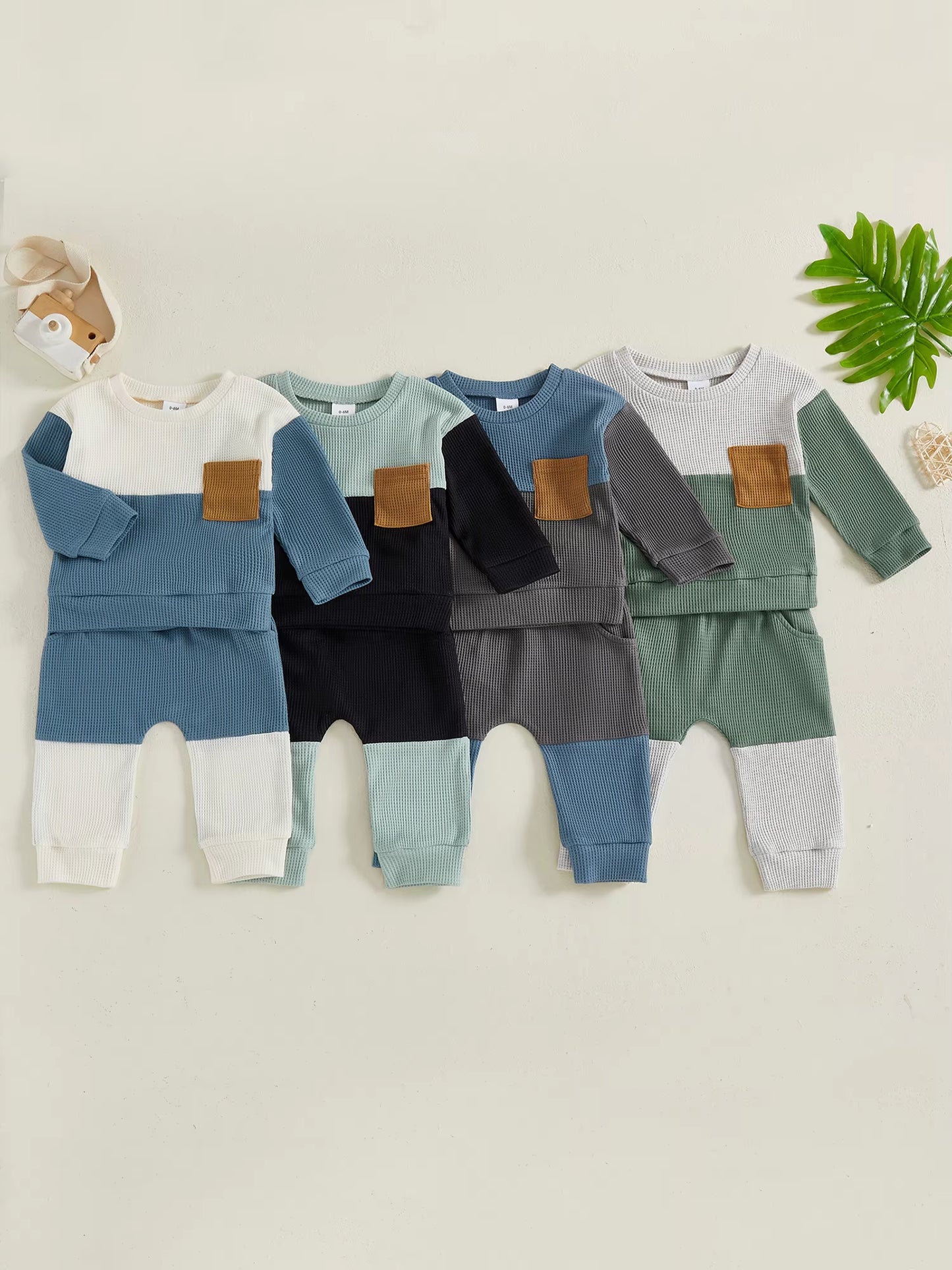 Stylish Baby Boy 2 Piece Set with Long Sleeve round Neck Waffle Tops and Elastic Waist Pants in Trendy Contrast Colors