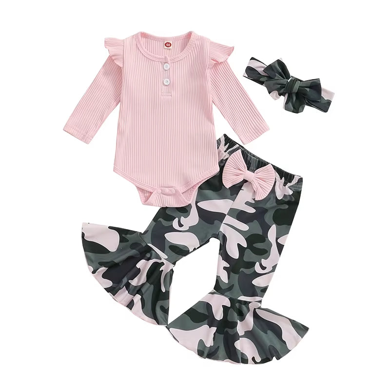 2024-05-27  Baby Girl 3 Piece Fall Outfit, Long Sleeve Ribbed Solid Color Romper Camouflage Flared Pants Headband