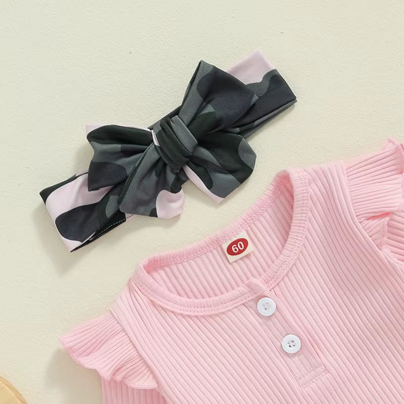 2024-05-27  Baby Girl 3 Piece Fall Outfit, Long Sleeve Ribbed Solid Color Romper Camouflage Flared Pants Headband