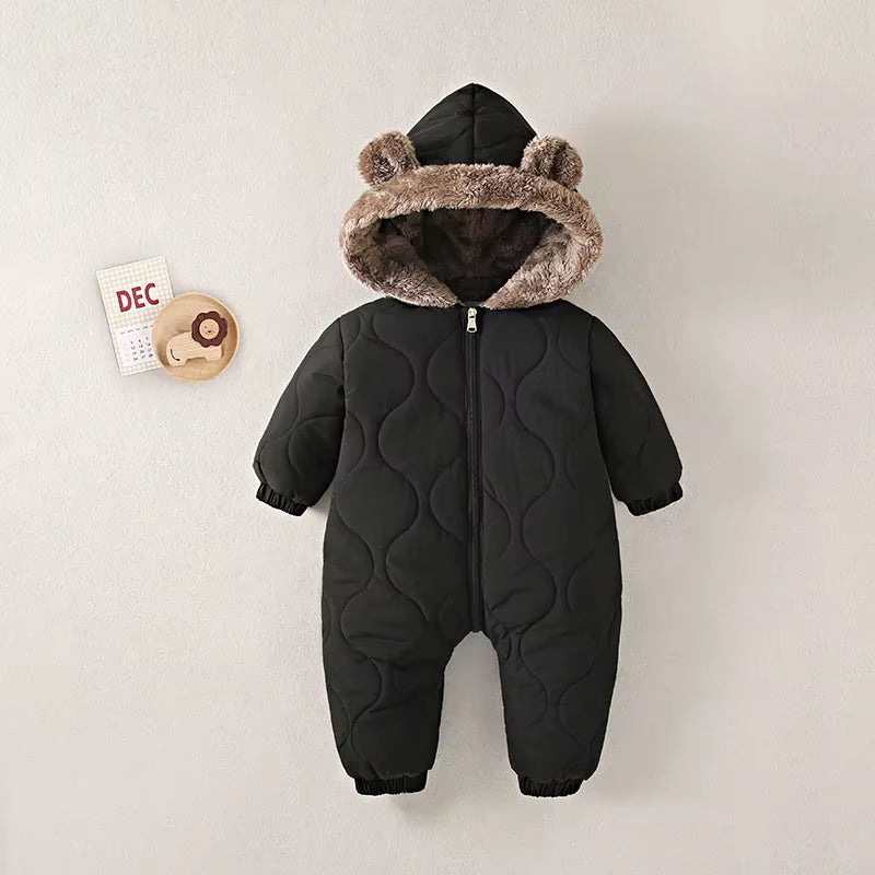 Baby Onesies Autumn and Winter Fleece Warm Cotton Clothes Newborn Clothes Baby Solid Color Hooded Crawling Suit Baby Jumpsuit
