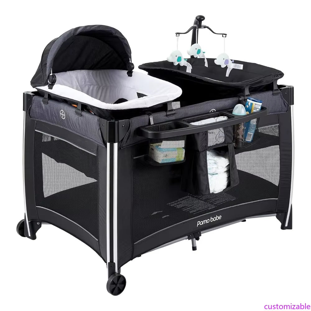 Pamo Babe 4 in 1 Baby Playards with Bassinet & Changing Table, Portable Crib Breathable Mesh and Toy Mobile