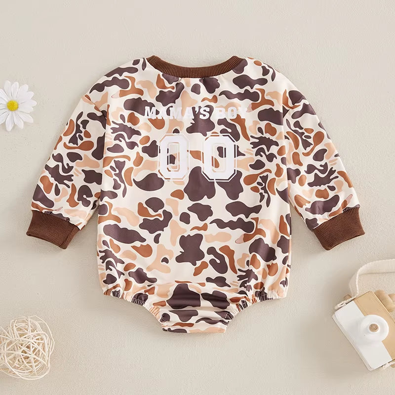 Infant Boys Fall Outfits Camouflage Letter Pattern Long Sleeve Crew Neck Rompers with Elastic Waist Pants 2 Pcs Set