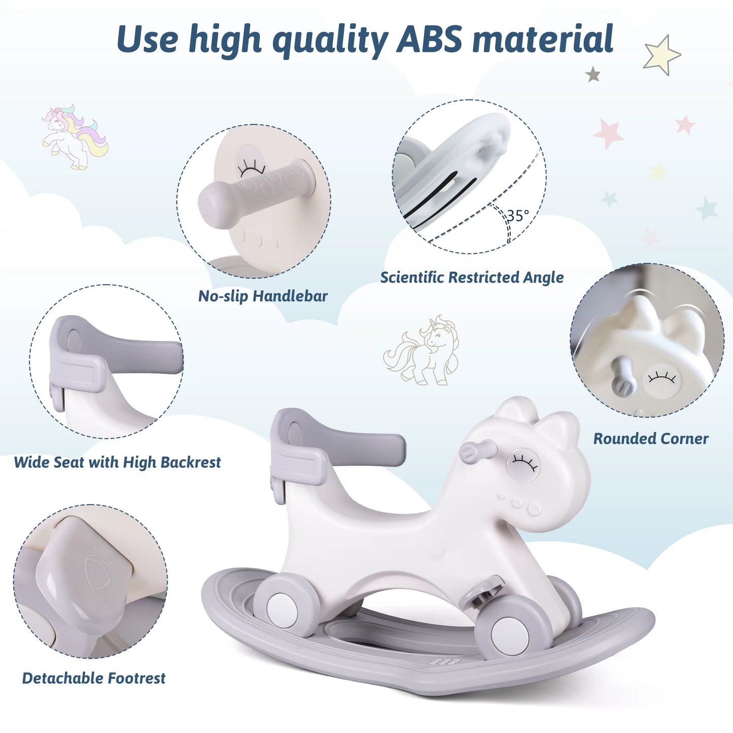 Rocking Horse, Child Safety Push Handle Rocker for Toddlers 1/2/3 Years Old Kids Ride-On Toy Birthday Gift Girl&Boy Swinging Toy