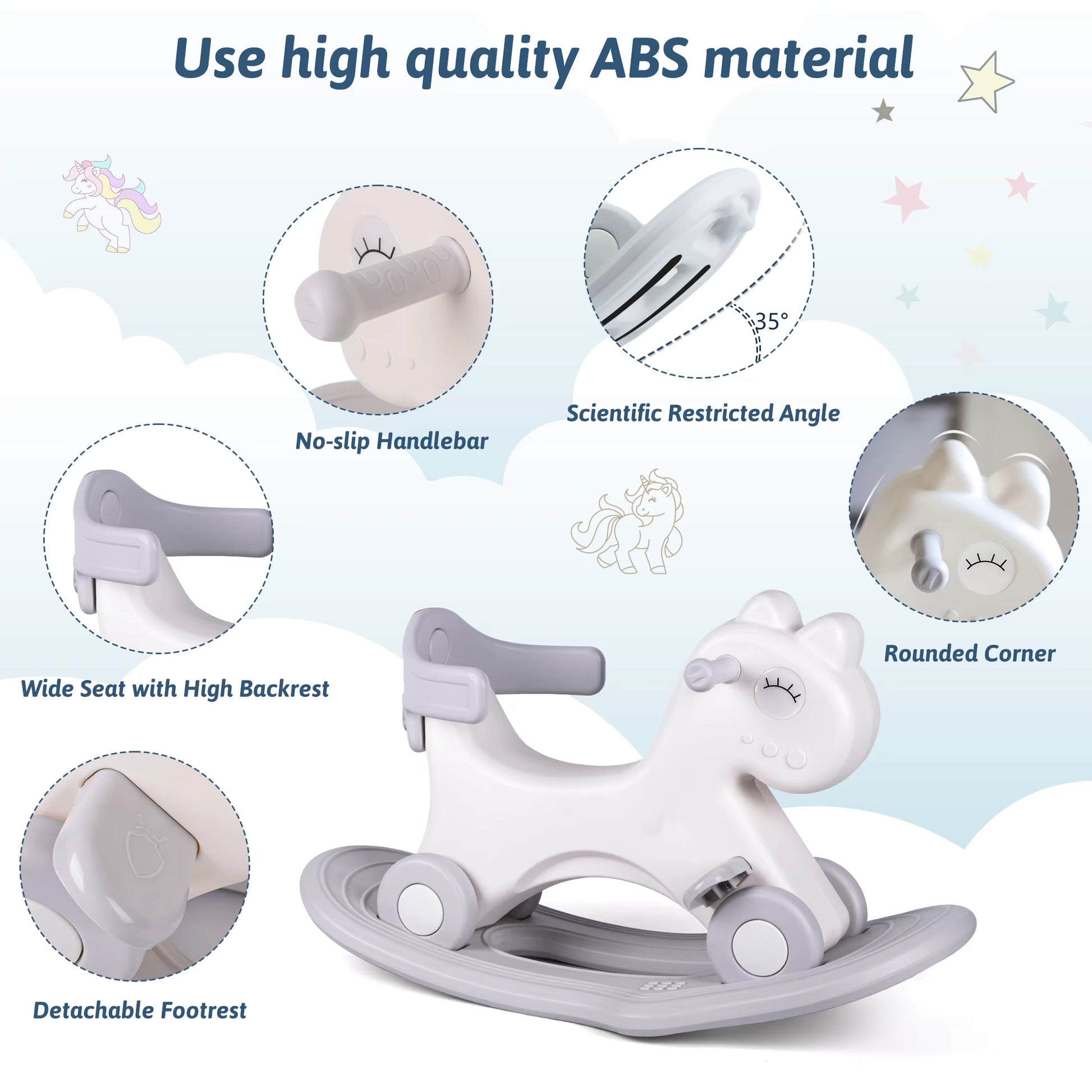 Rocking Horse, Child Safety Push Handle Rocker for Toddlers 1/2/3 Years Old Kids Ride-On Toy Birthday Gift Girl&Boy Swinging Toy