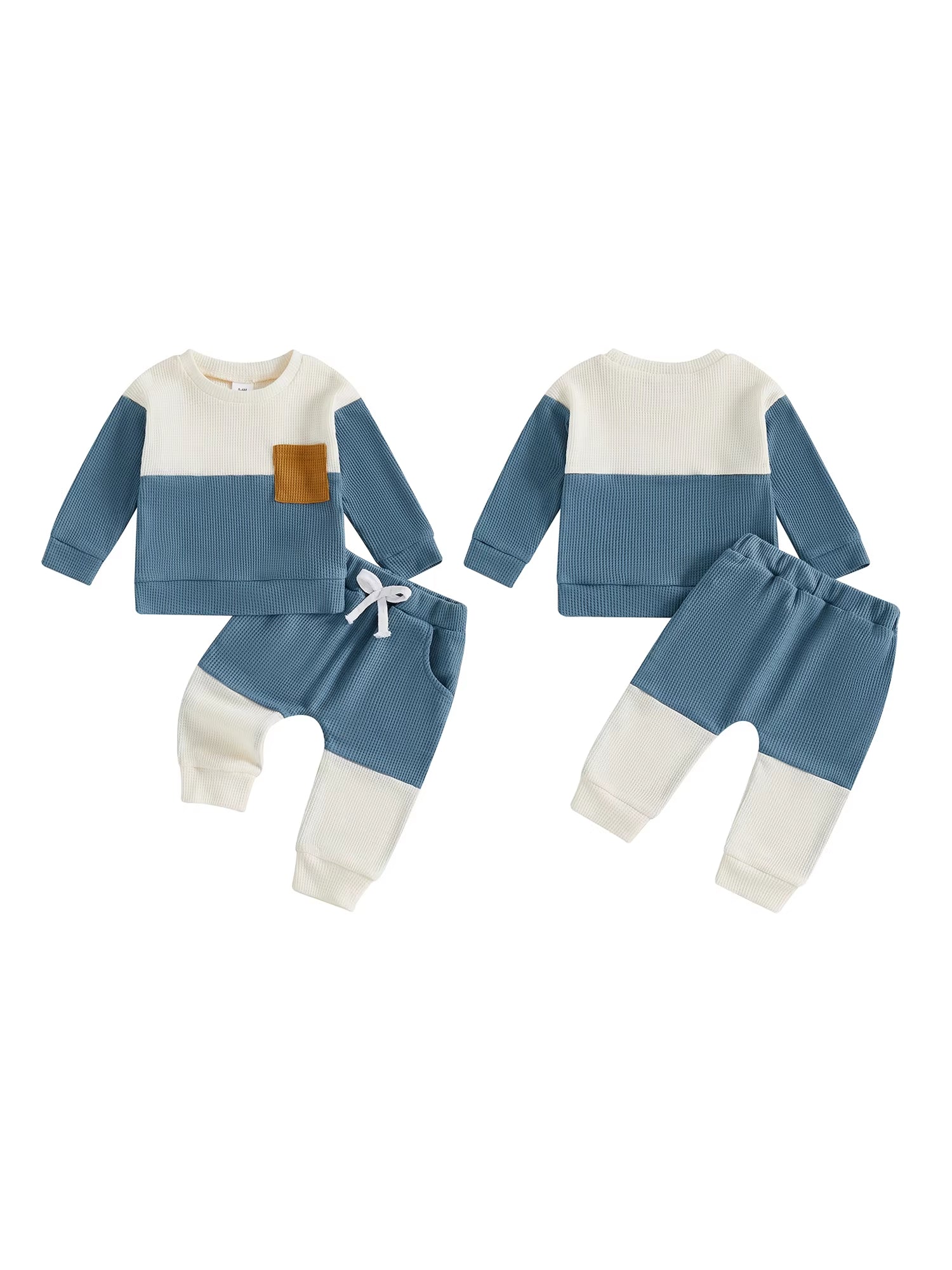 Stylish Baby Boy 2 Piece Set with Long Sleeve round Neck Waffle Tops and Elastic Waist Pants in Trendy Contrast Colors