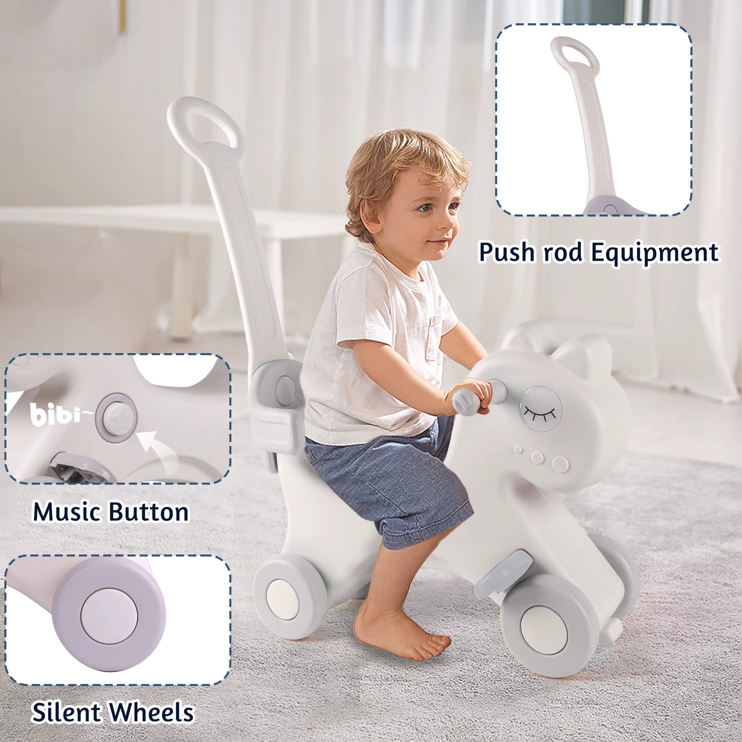 Rocking Horse, Child Safety Push Handle Rocker for Toddlers 1/2/3 Years Old Kids Ride-On Toy Birthday Gift Girl&Boy Swinging Toy