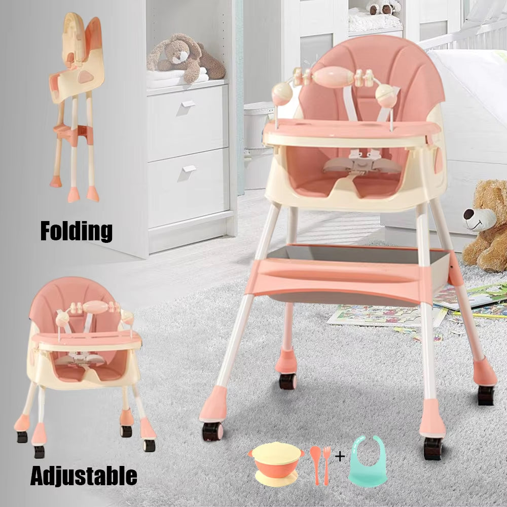 Foldable Baby High Chair 4-In-1 Foldable Reclining Feeding Table Chair Seat 7 Heights with Toyrack Easy to Clean Feeding