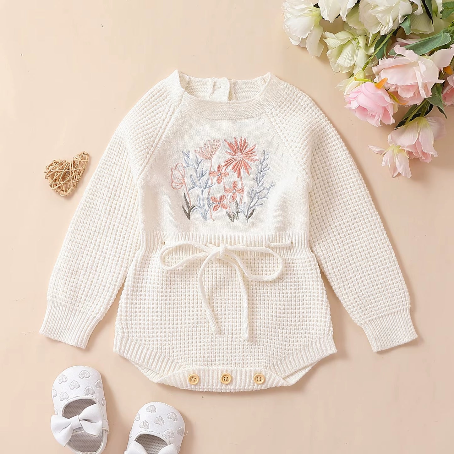 Infant Baby Girl Knit Jumpsuit Flower Embroidery Long Sleeve Drawstring Waist Romper for Autumn 0-24M