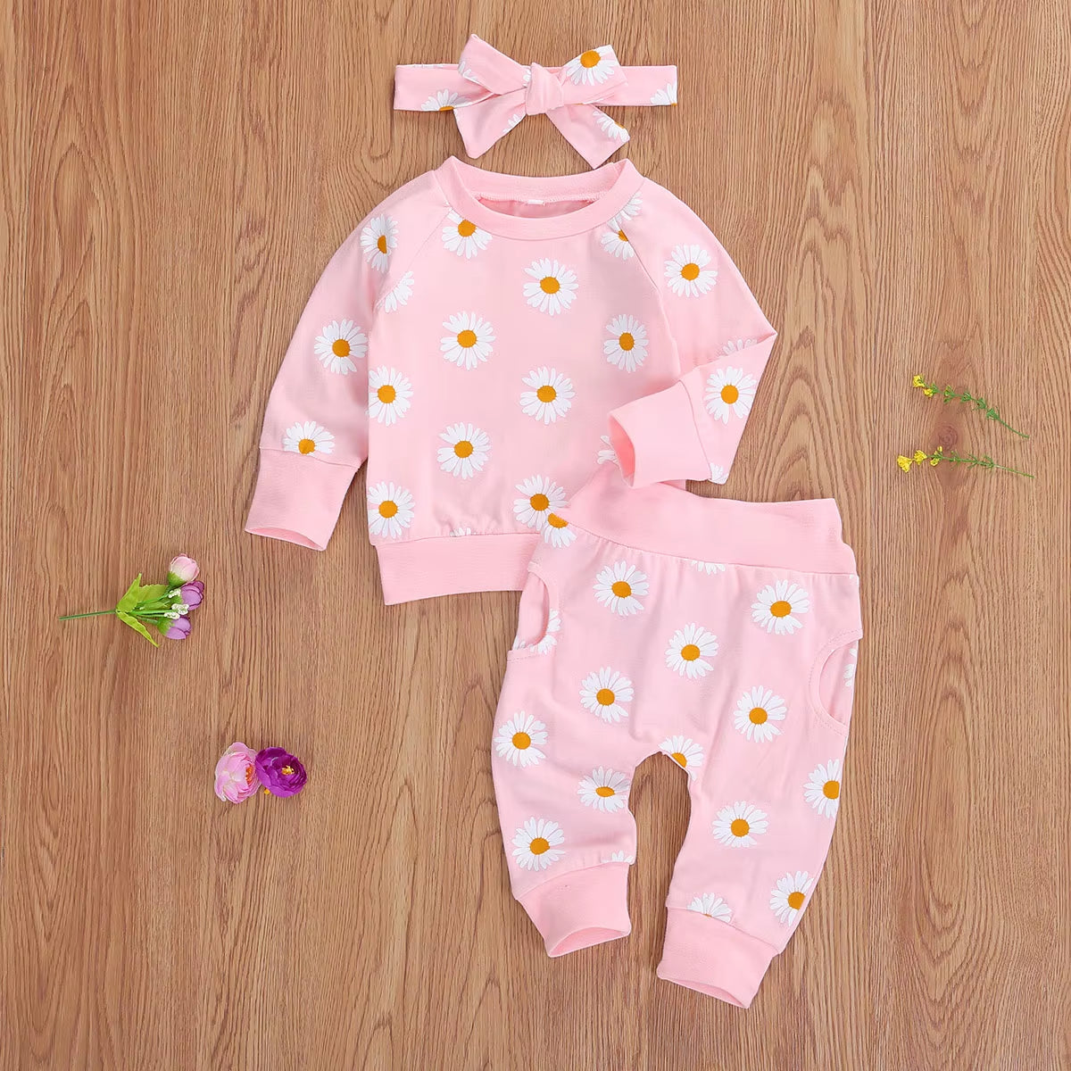 Spring New Fall Autumn Infant Baby Girls 3Pcs Set Long Sleeve Lovely Print Top+Long Pants+Headband Toddler Outfits