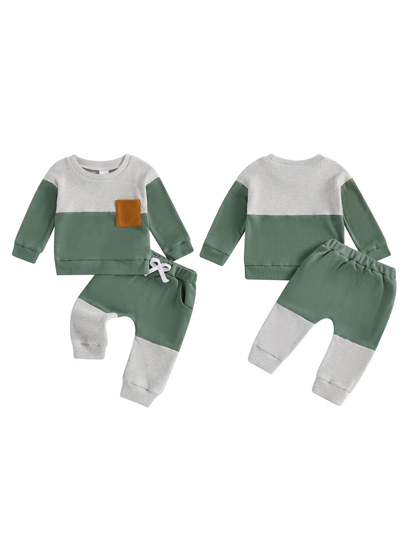 Stylish Baby Boy 2 Piece Set with Long Sleeve round Neck Waffle Tops and Elastic Waist Pants in Trendy Contrast Colors