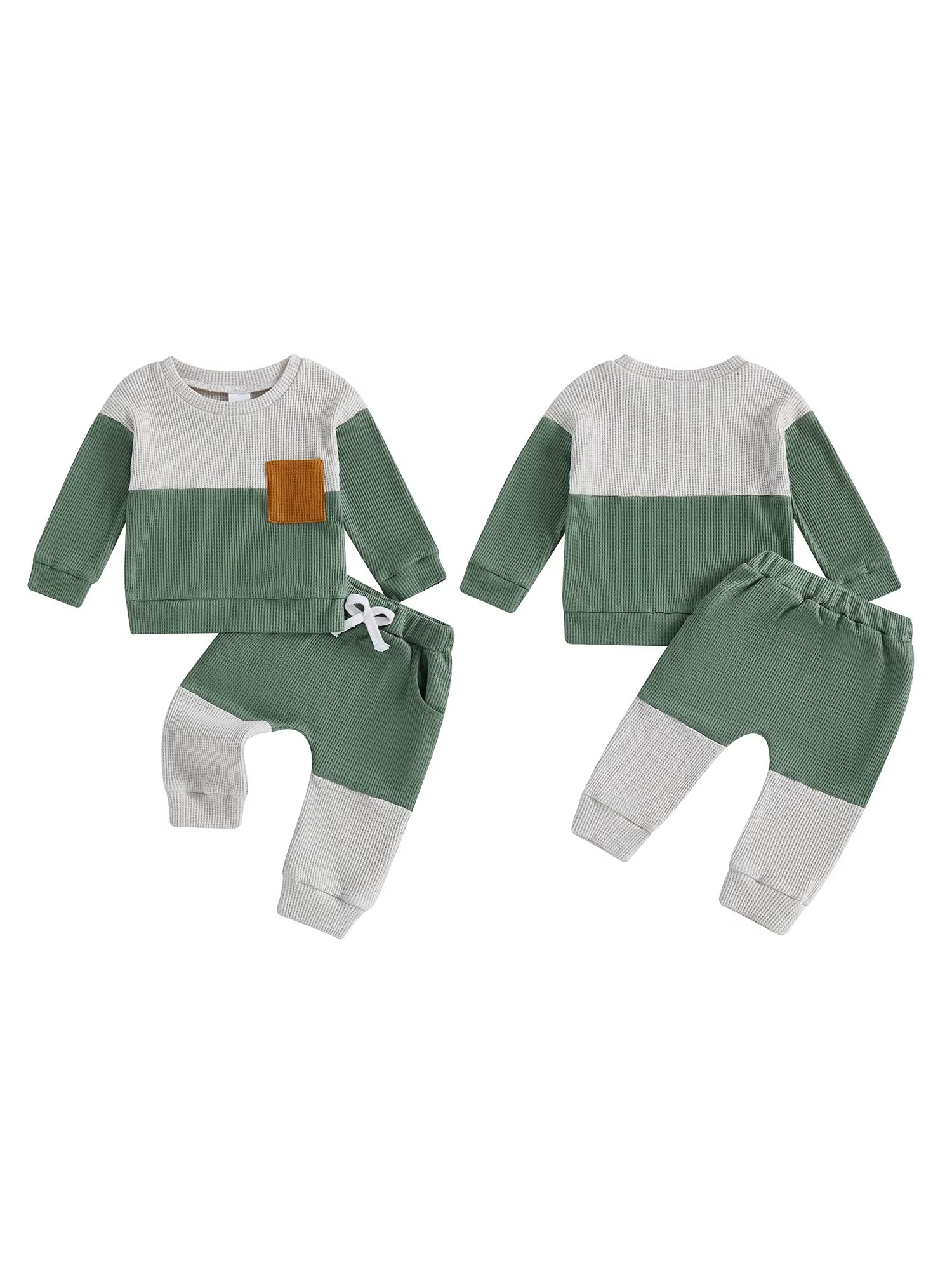 Stylish Baby Boy 2 Piece Set with Long Sleeve round Neck Waffle Tops and Elastic Waist Pants in Trendy Contrast Colors