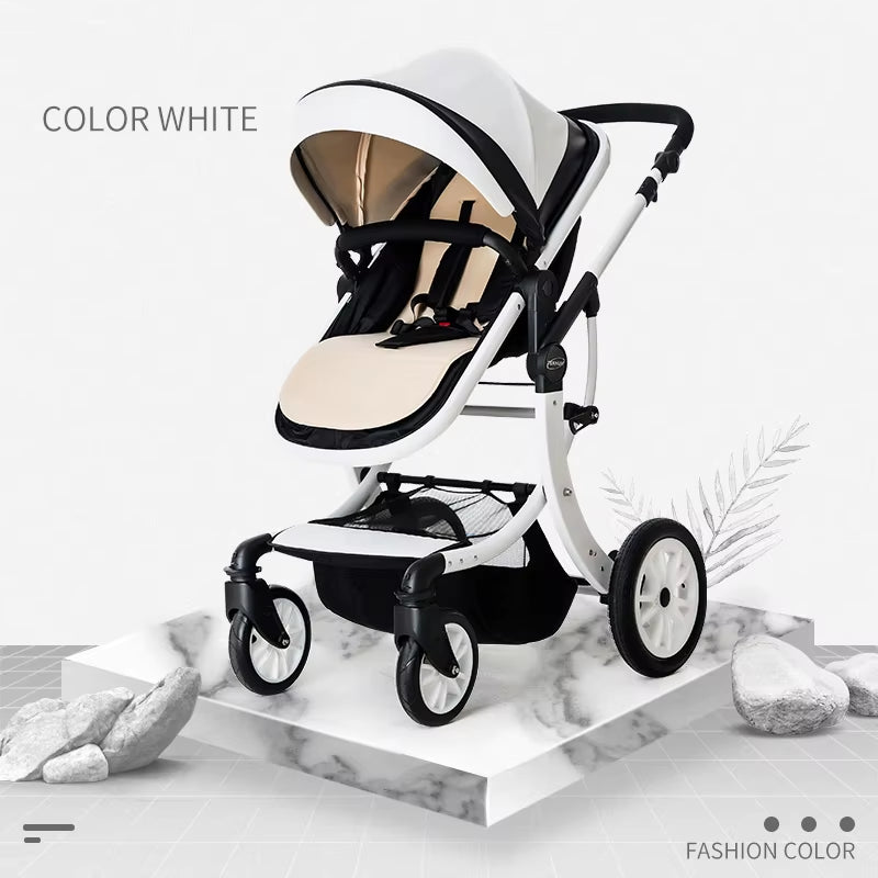 Leather 2 in 1 Baby Stroller,Two Way Stroller,Car Seat Newborn Bassinet,Travel White Folding Baby Stroller,Baby Carriage Pram