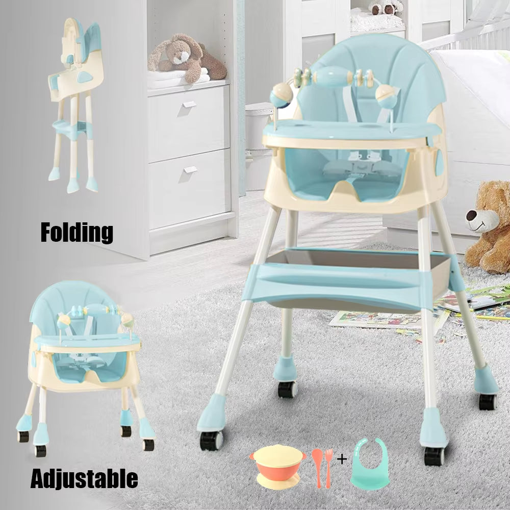 Foldable Baby High Chair 4-In-1 Foldable Reclining Feeding Table Chair Seat 7 Heights with Toyrack Easy to Clean Feeding