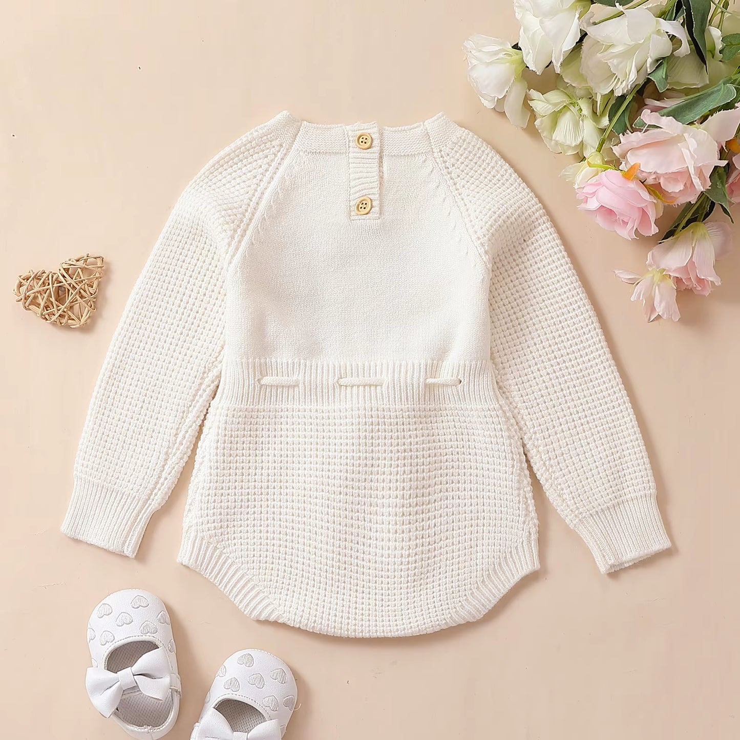 Infant Baby Girl Knit Jumpsuit Flower Embroidery Long Sleeve Drawstring Waist Romper for Autumn 0-24M