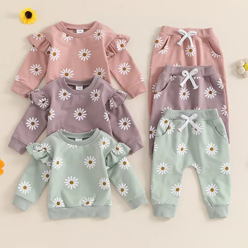 2024-05-24  Toddler Girl Fall Outfit Daisy Print Long Sleeve Sweatshirt with Elastic Waist Pants 2 Pcs Set
