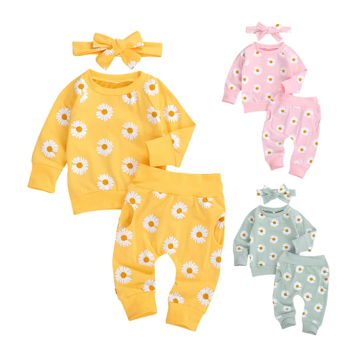 Spring New Fall Autumn Infant Baby Girls 3Pcs Set Long Sleeve Lovely Print Top+Long Pants+Headband Toddler Outfits