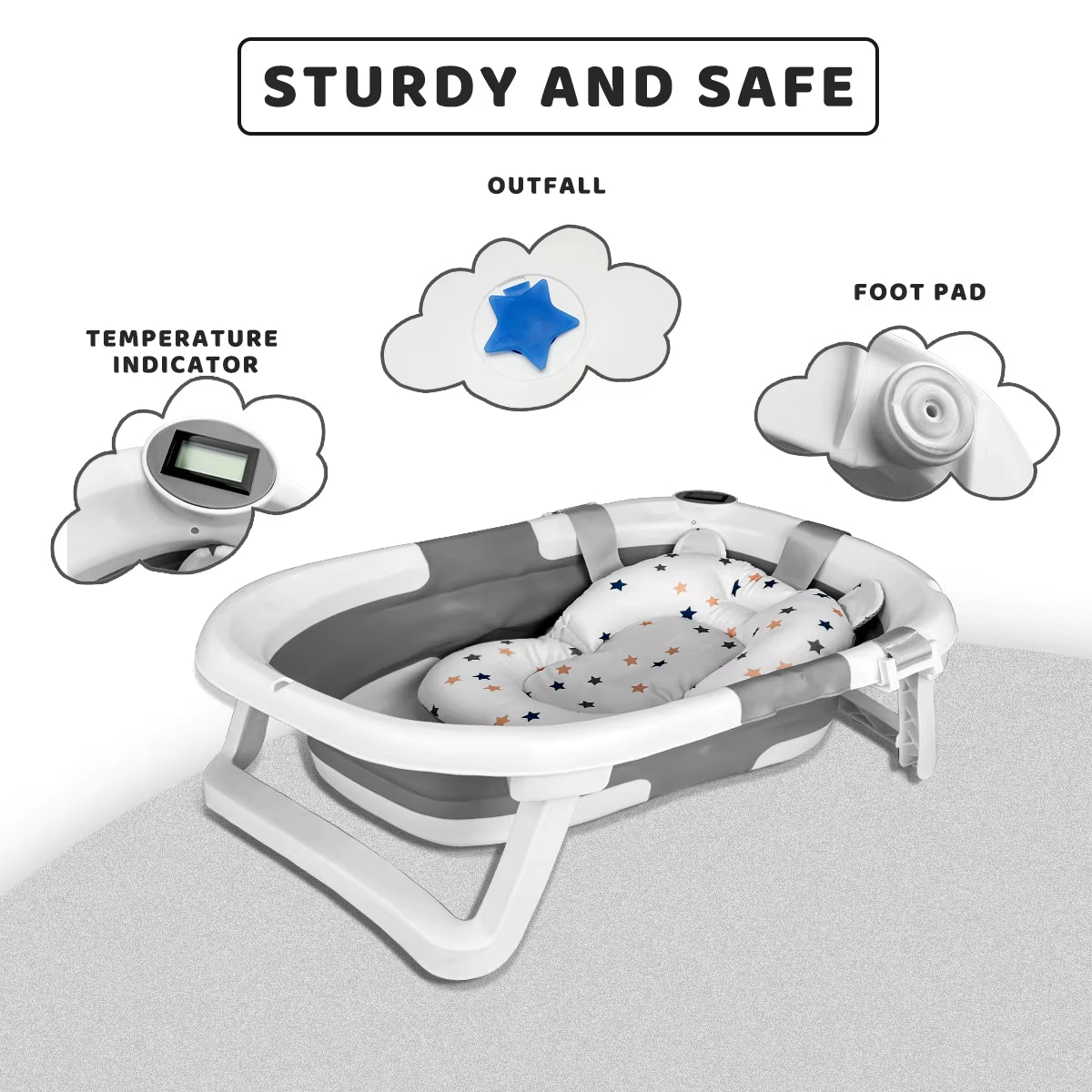Foldable Baby Bathtub, Baby Bathtub with Soft Cushion and Thermometer, Portable Travel Baby Bathtub