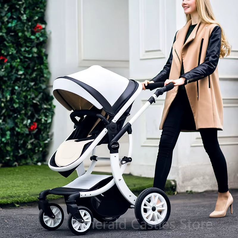 Leather 2 in 1 Baby Stroller,Two Way Stroller,Car Seat Newborn Bassinet,Travel White Folding Baby Stroller,Baby Carriage Pram