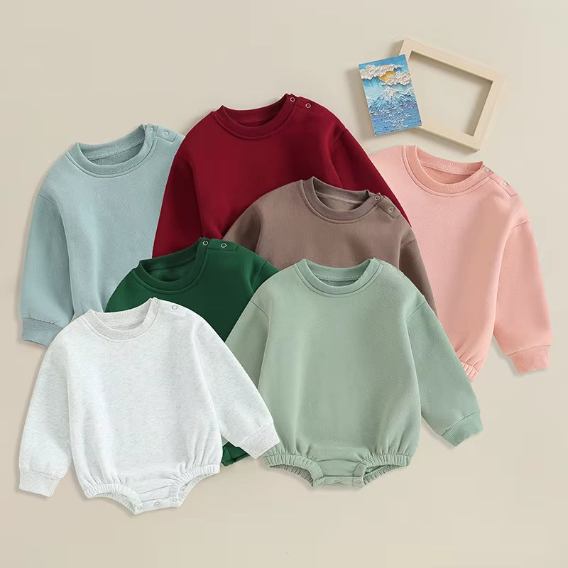 2023-09-19  0-18M Newborn Baby Boy Girl Outfits Fleece Solid Color Bubble Bodysuit Sweatshirt Long Sleeve Warm Clothes