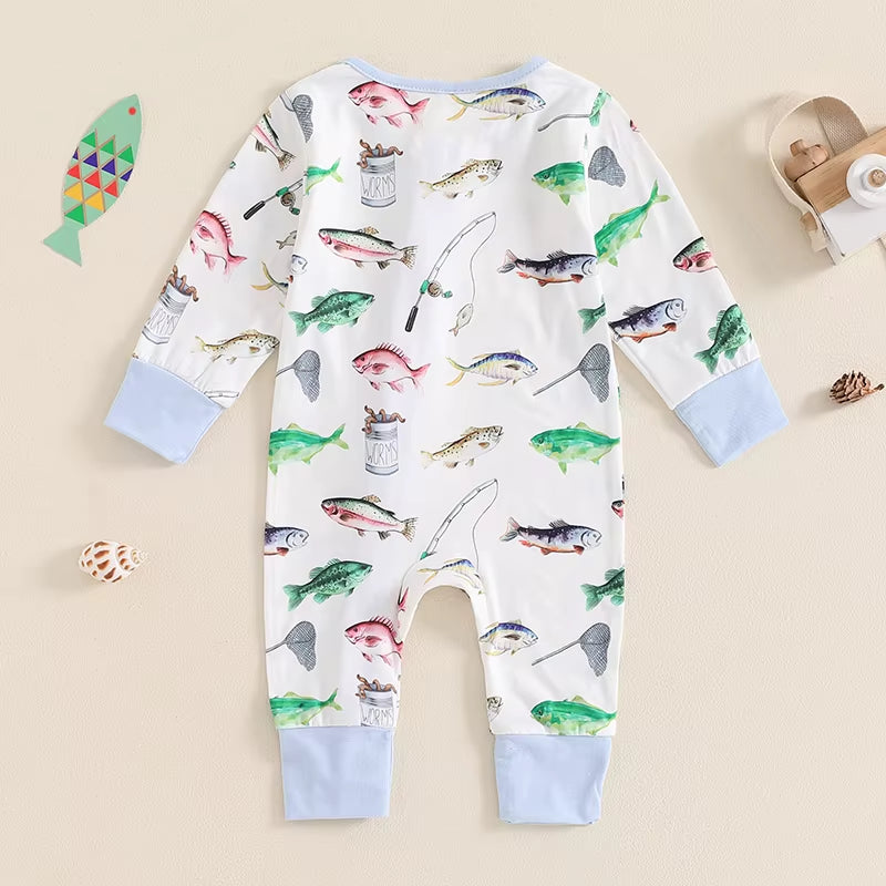 2024-05-31  Baby Boys Autumn Casual Romper Long Sleeve Crew Neck Fish Print Oblique Zipper Jumpsuit