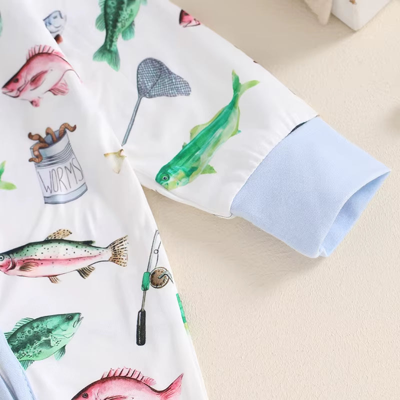 2024-05-31  Baby Boys Autumn Casual Romper Long Sleeve Crew Neck Fish Print Oblique Zipper Jumpsuit