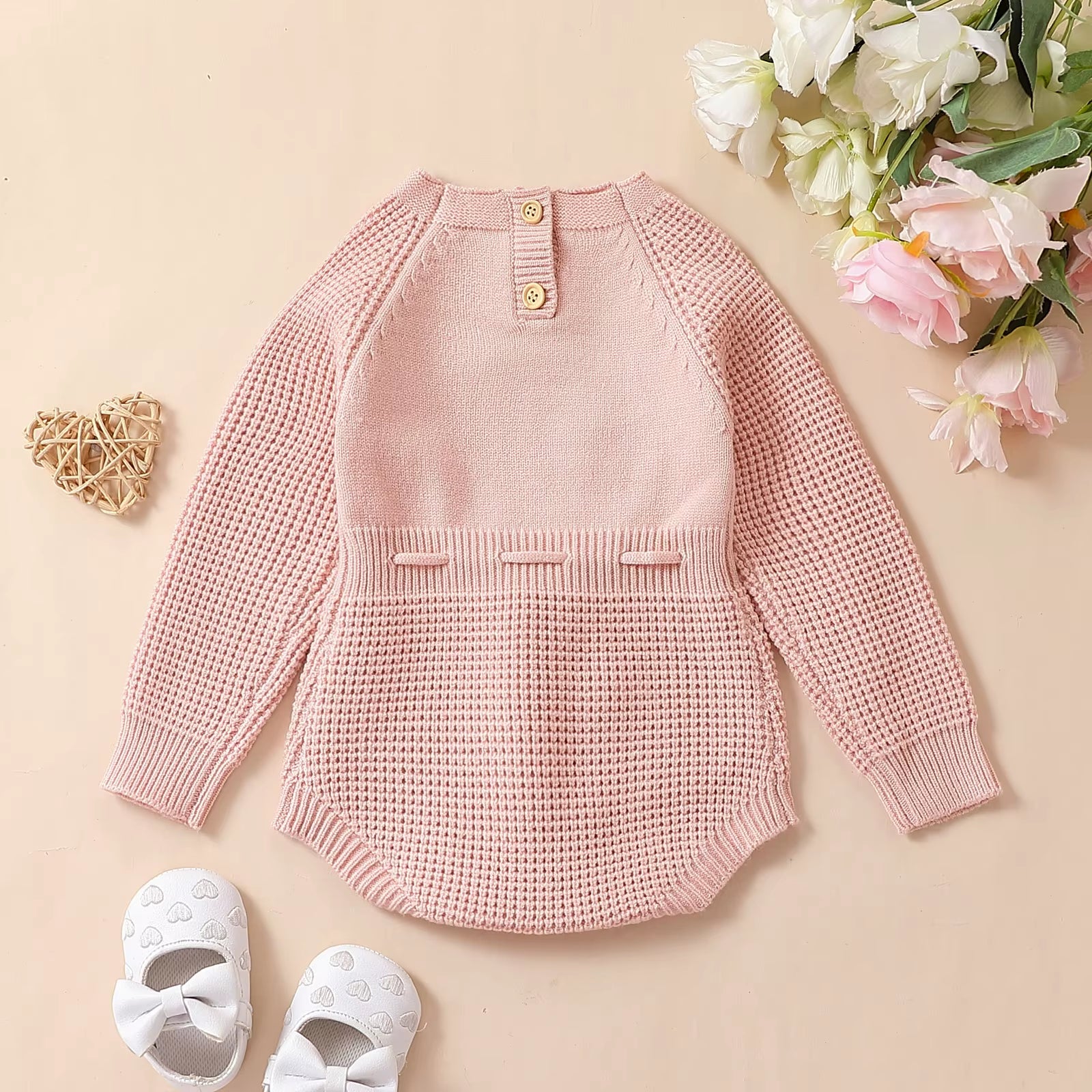 Infant Baby Girl Knit Jumpsuit Flower Embroidery Long Sleeve Drawstring Waist Romper for Autumn 0-24M