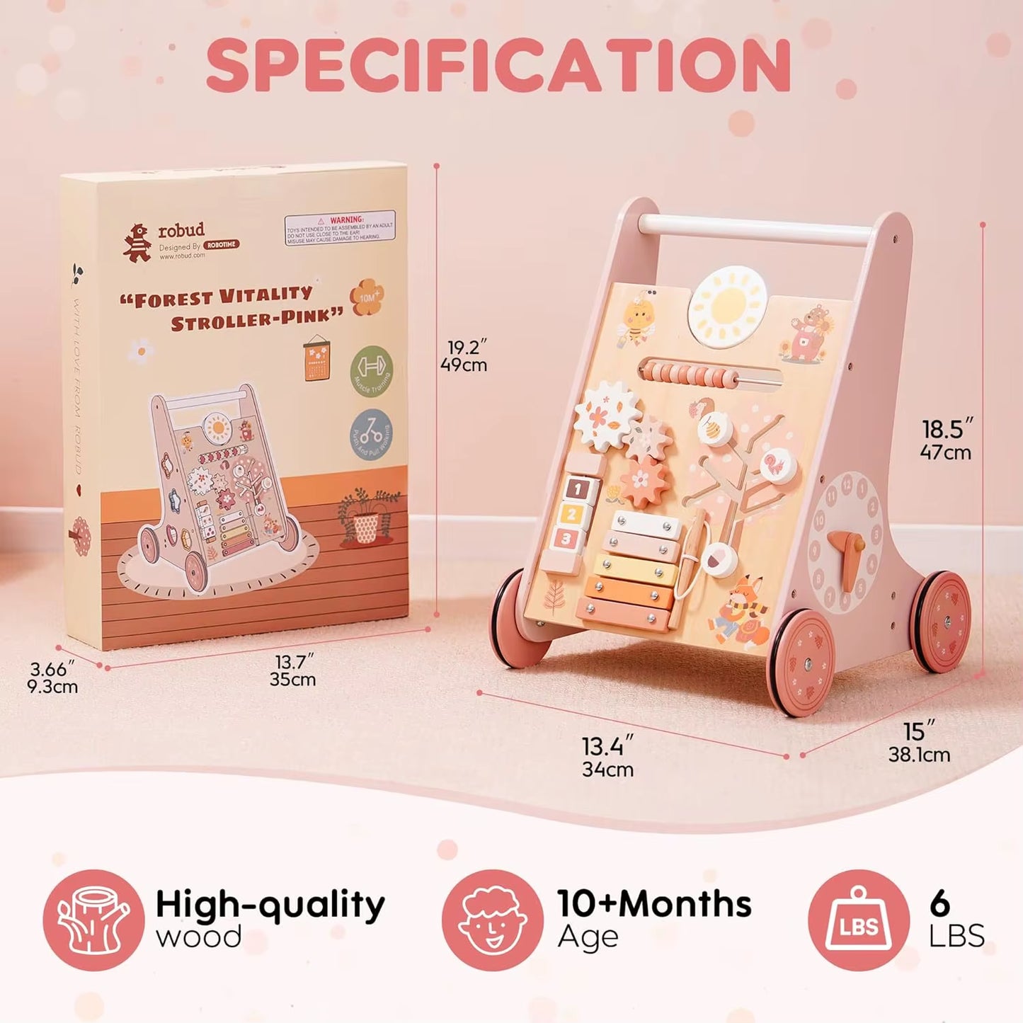 Robotime  Wooden Baby Walker with Wheels Montessori Push Toys for Babies Learning to Walk Baby Walkers Activity Center