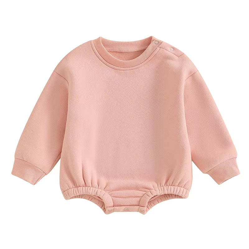 2023-09-19  0-18M Newborn Baby Boy Girl Outfits Fleece Solid Color Bubble Bodysuit Sweatshirt Long Sleeve Warm Clothes