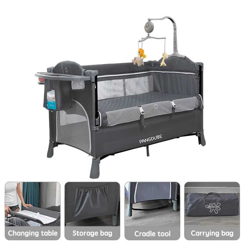 4-In-1 Baby Crib Multifunctional Convertible Bed with Rocker & Baby Playpen Newborn Changing Table Foldable Travel Cot