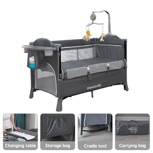 4-In-1 Baby Crib Multifunctional Convertible Bed with Rocker & Baby Playpen Newborn Changing Table Foldable Travel Cot