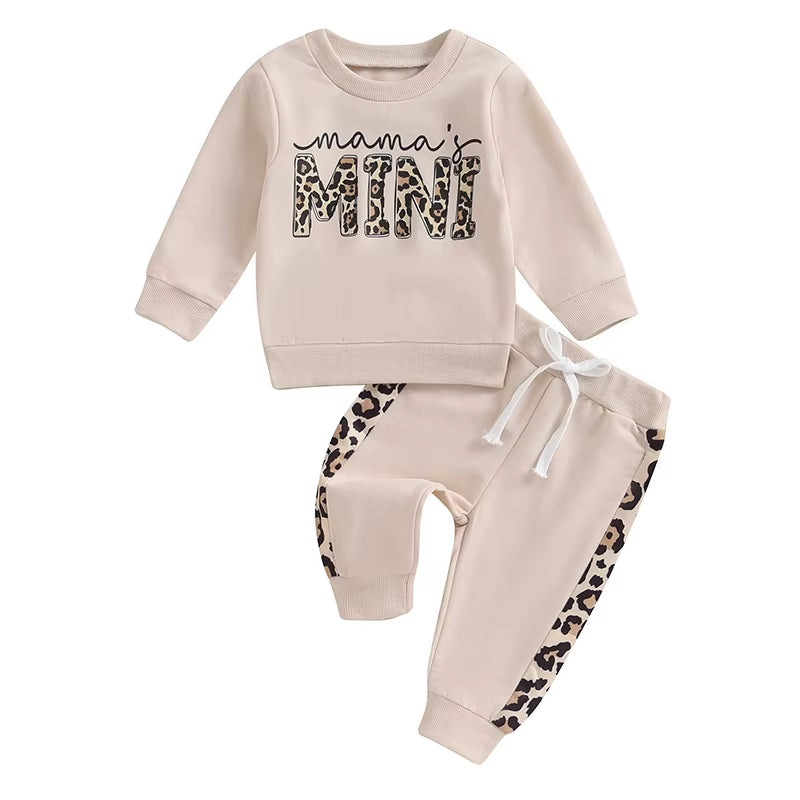 2023-09-15  0-3Y Newborn Baby Girls Clothing Set Letter & Leopard Print Long Sleeve Pullover Strap Pants 2 Pcs Outfit