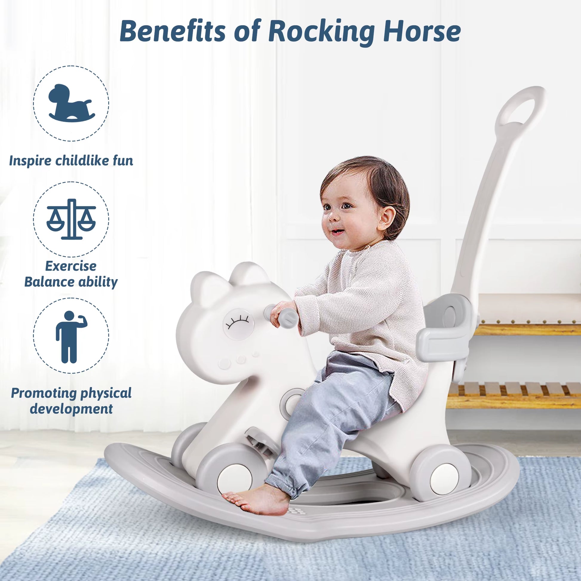 Rocking Horse, Child Safety Push Handle Rocker for Toddlers 1/2/3 Years Old Kids Ride-On Toy Birthday Gift Girl&Boy Swinging Toy