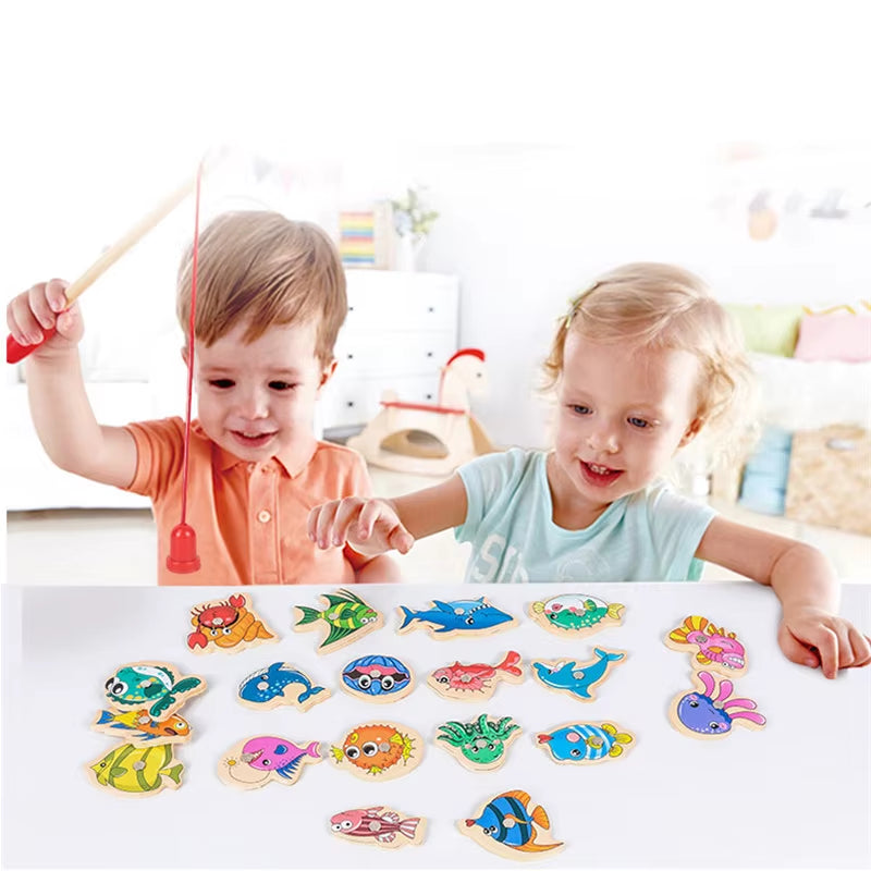 Magnetic Fishing Toys Game Set for Kids Montessori Wooden Cartoon Fishing Rod Educational Toys Birthday Party Toddle Gifts