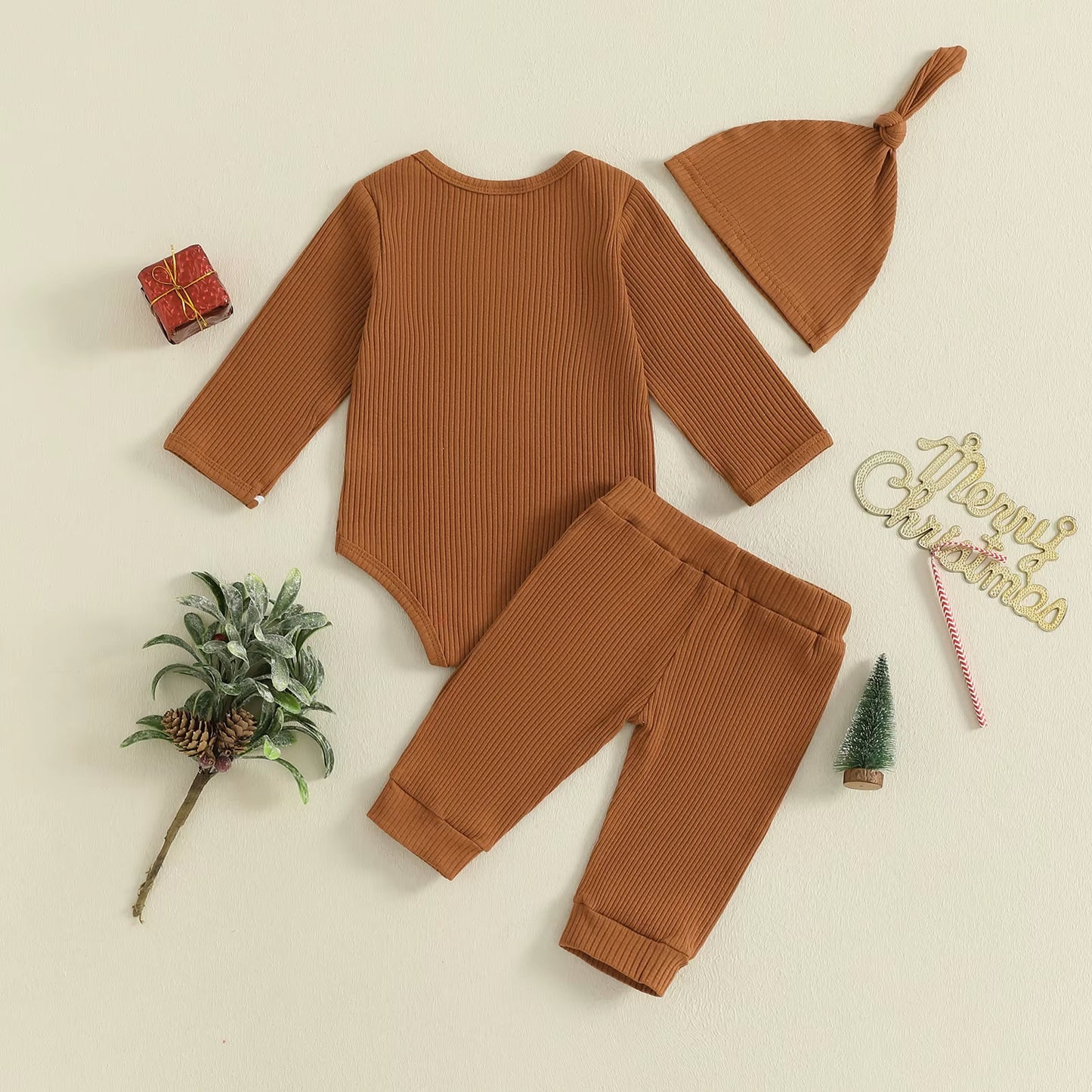 Toddler Baby 3 Piece Bodysuits Clothes Suit Fashion Infant Long Sleeve Gingerbread Man Bow Jumpsuit Hat Elastic Waist Pants Set