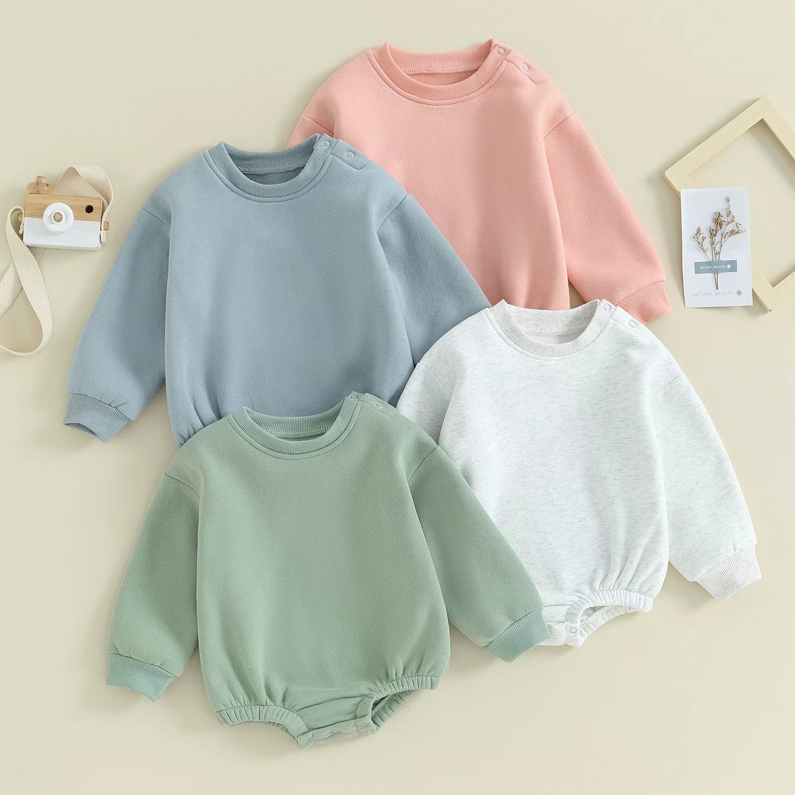 2023-09-19  0-18M Newborn Baby Boy Girl Outfits Fleece Solid Color Bubble Bodysuit Sweatshirt Long Sleeve Warm Clothes
