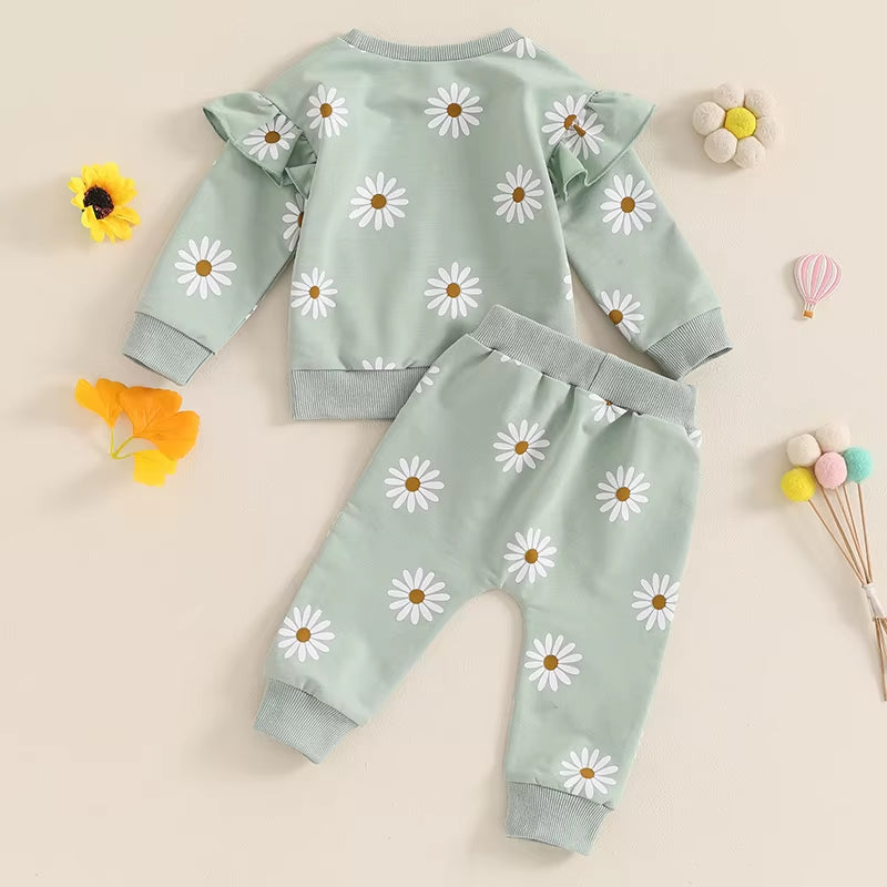 2024-05-24  Toddler Girl Fall Outfit Daisy Print Long Sleeve Sweatshirt with Elastic Waist Pants 2 Pcs Set