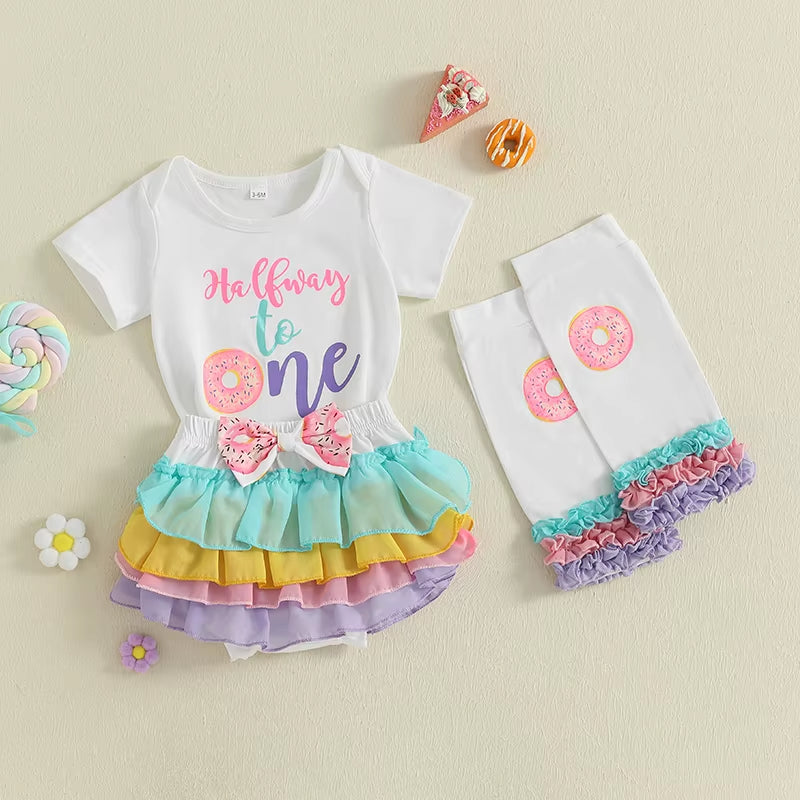 Toddler Girl Birthday Set Cupcake Print Short Sleeve Bodysuit Layered Tulle Skirt Leg Warmers Headband Summer Outfit Party