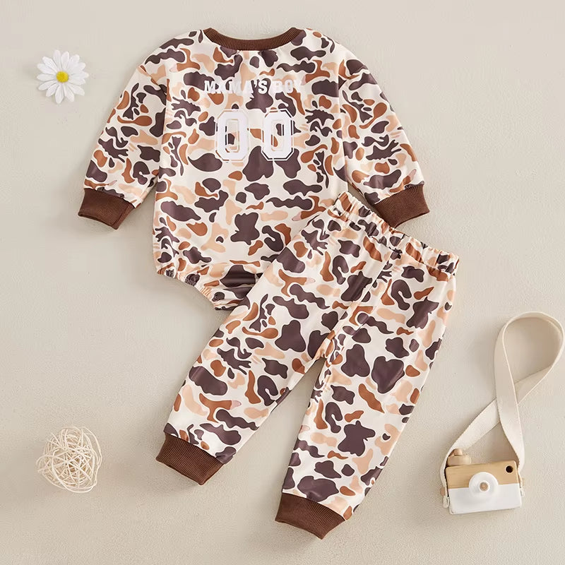 Infant Boys Fall Outfits Camouflage Letter Pattern Long Sleeve Crew Neck Rompers with Elastic Waist Pants 2 Pcs Set