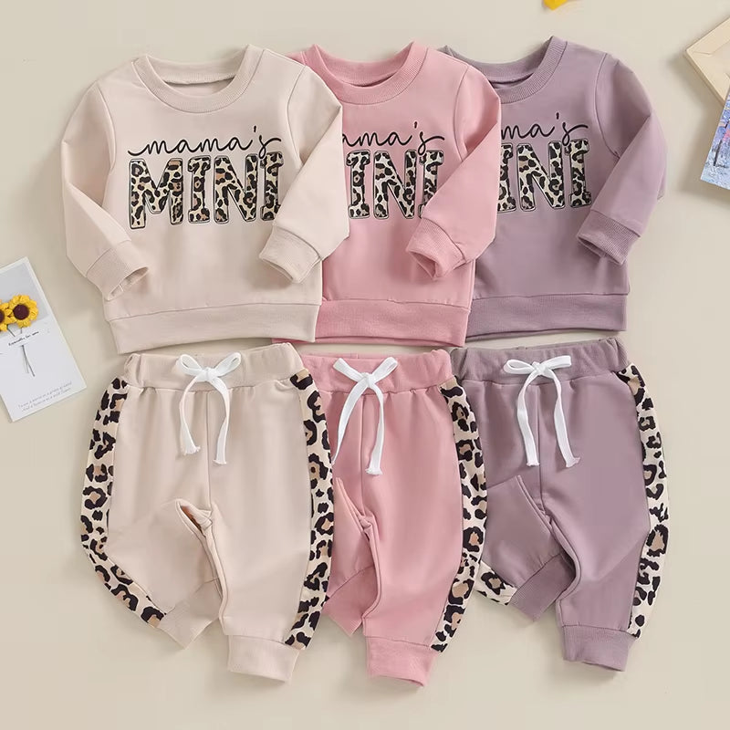 2023-09-15  0-3Y Newborn Baby Girls Clothing Set Letter & Leopard Print Long Sleeve Pullover Strap Pants 2 Pcs Outfit