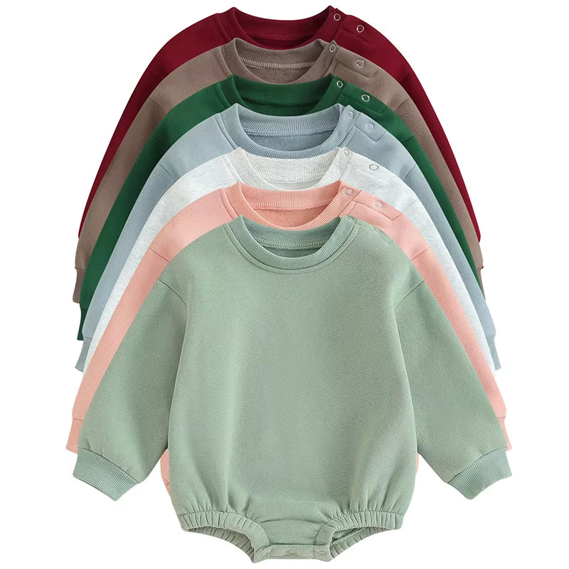 2023-09-19  0-18M Newborn Baby Boy Girl Outfits Fleece Solid Color Bubble Bodysuit Sweatshirt Long Sleeve Warm Clothes