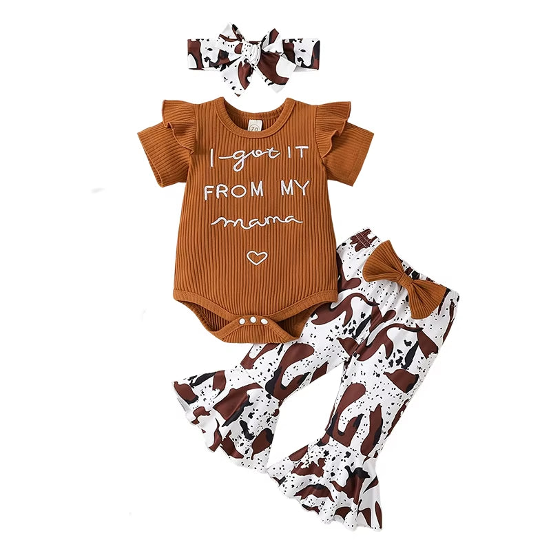 Toddler Baby Girl Outfit Ribbed I Got It from My Mama Ruffled Romper Flared Pants Newborn Baby Girl Clothes 0-12 Months