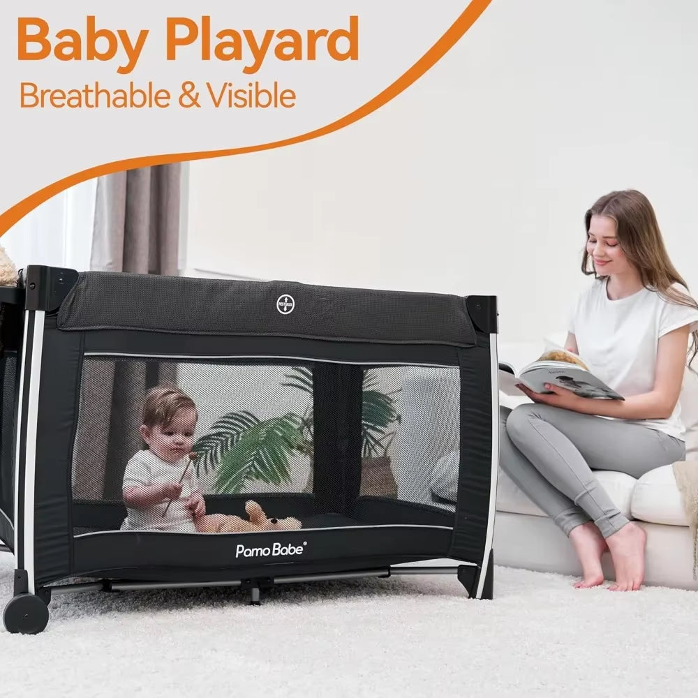 Pamo Babe 4 in 1 Baby Playards with Bassinet & Changing Table, Portable Crib Breathable Mesh and Toy Mobile