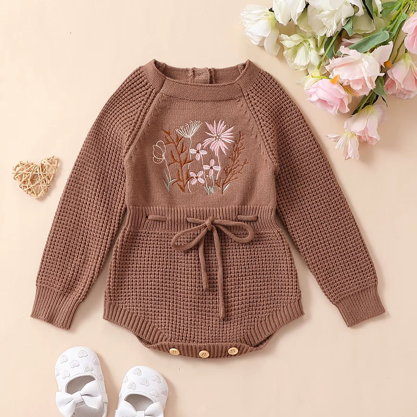 Infant Baby Girl Knit Jumpsuit Flower Embroidery Long Sleeve Drawstring Waist Romper for Autumn 0-24M