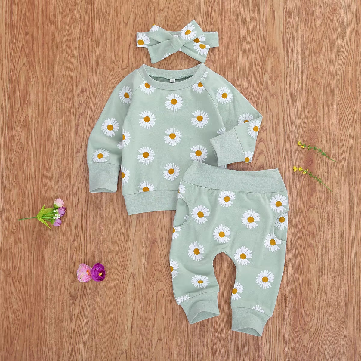 Spring New Fall Autumn Infant Baby Girls 3Pcs Set Long Sleeve Lovely Print Top+Long Pants+Headband Toddler Outfits