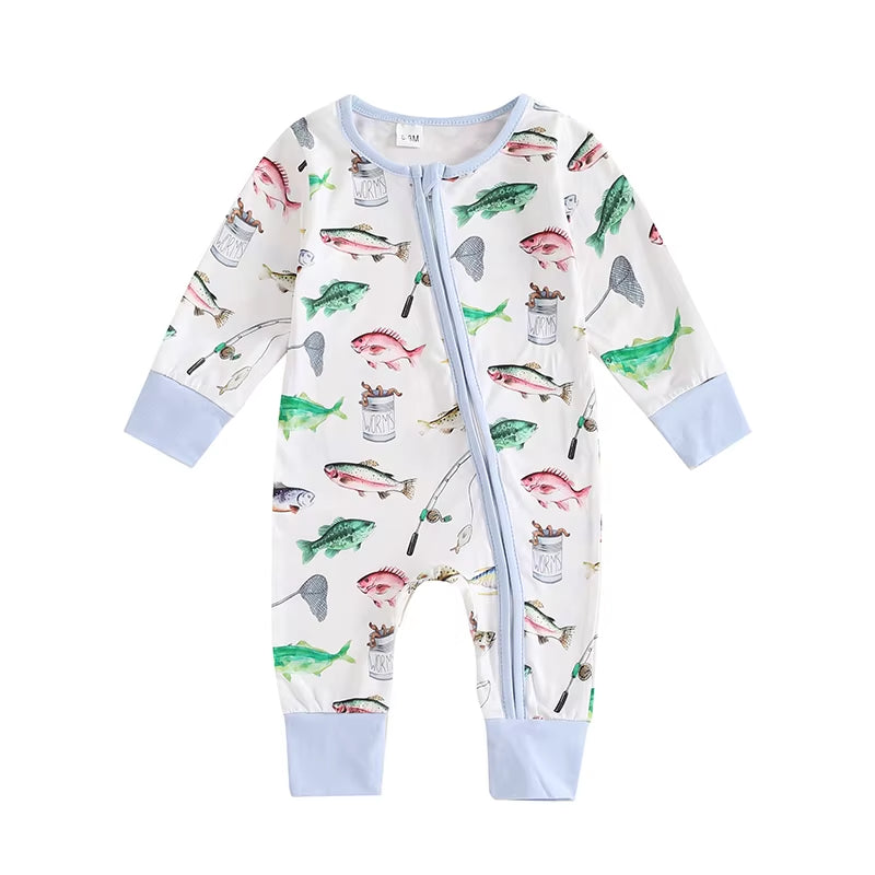 2024-05-31  Baby Boys Autumn Casual Romper Long Sleeve Crew Neck Fish Print Oblique Zipper Jumpsuit