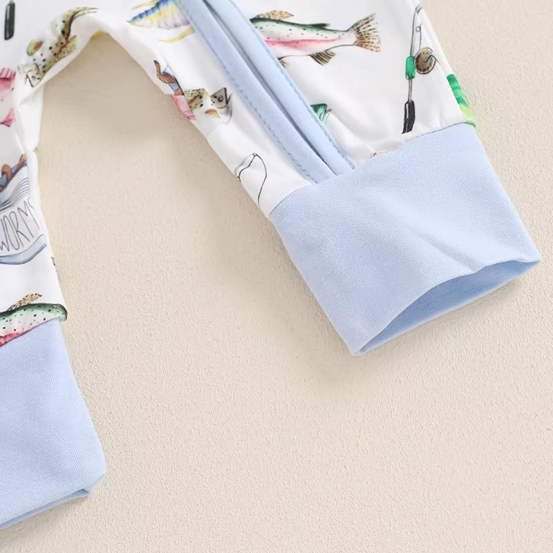 2024-05-31  Baby Boys Autumn Casual Romper Long Sleeve Crew Neck Fish Print Oblique Zipper Jumpsuit