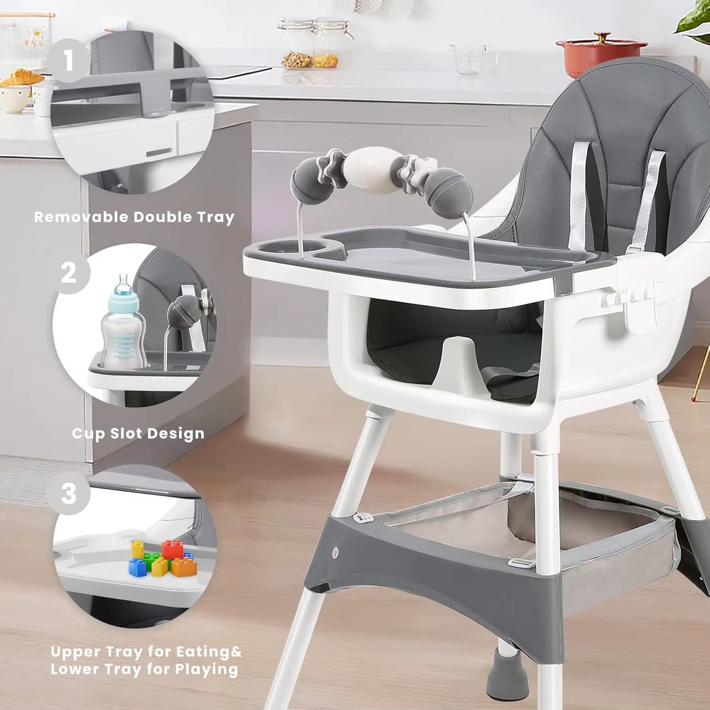Convertible Foldable High Chair – Easy to Clean, Padded Seat with Footrest, Tray & Cup Holder (6 Months-3 Years, 15Kg Max)