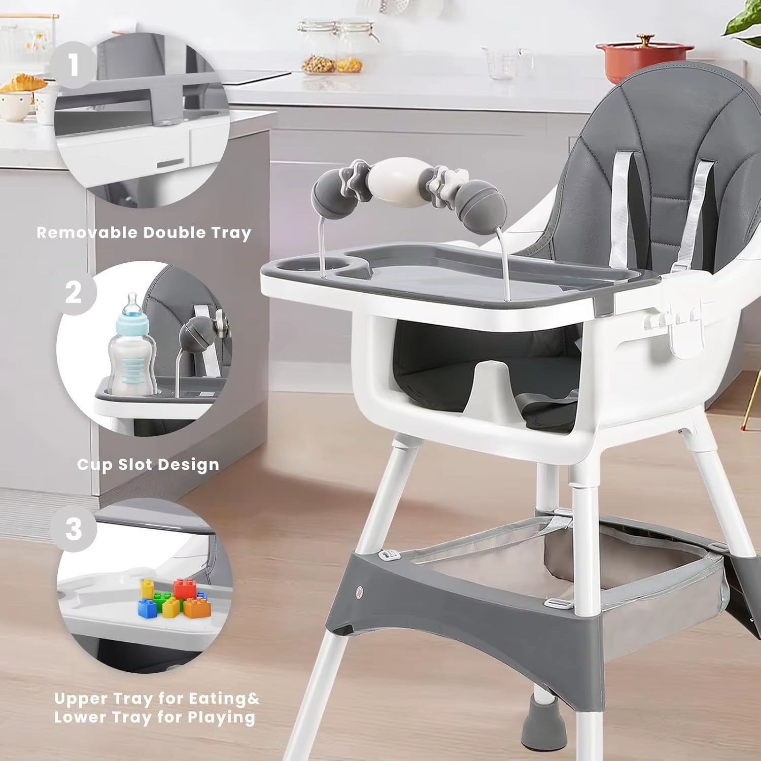 Convertible Foldable High Chair – Easy to Clean, Padded Seat with Footrest, Tray & Cup Holder (6 Months-3 Years, 15Kg Max)
