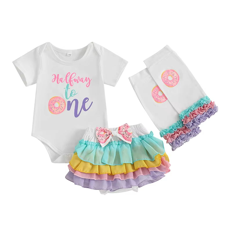 Toddler Girl Birthday Set Cupcake Print Short Sleeve Bodysuit Layered Tulle Skirt Leg Warmers Headband Summer Outfit Party